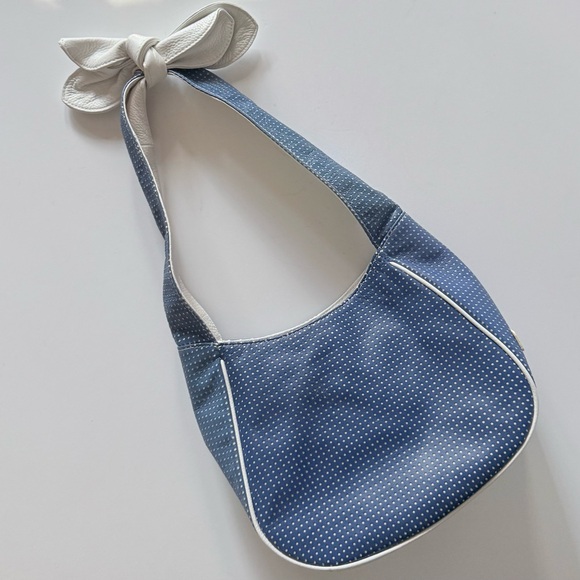 Bodhi Nantucket Bow Hobo Shoulder Bag in Blue and White Perforated Dot Leather - Picture 1 of 12
